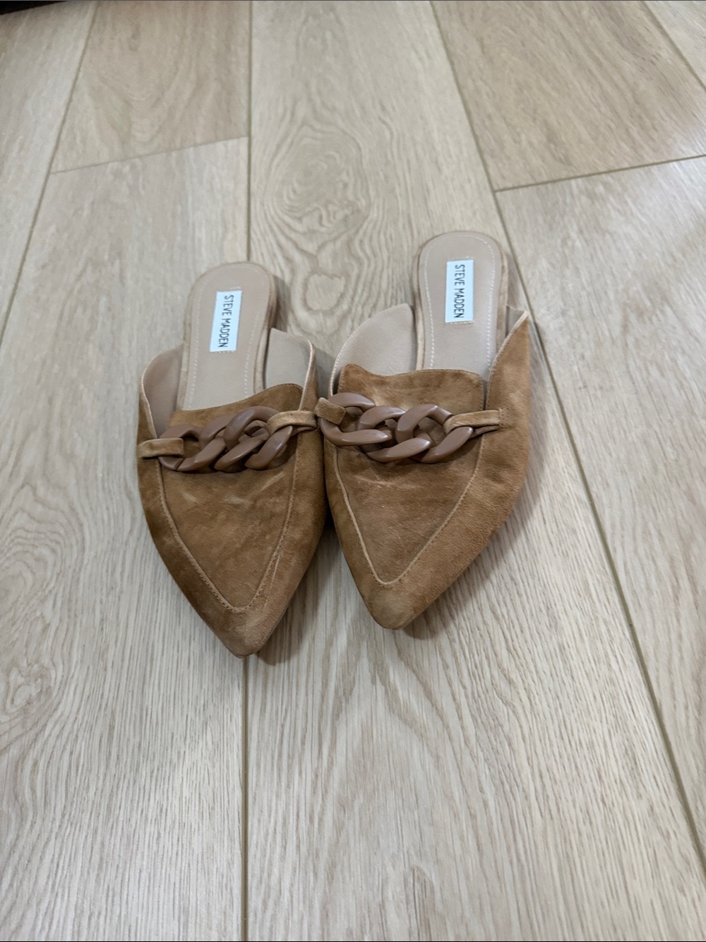 Steve Madden Brown Suede Pointed Chain-Trim Mules